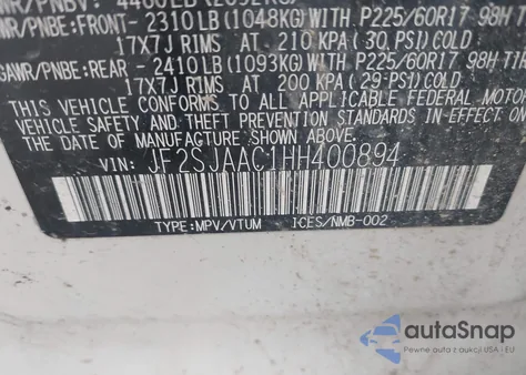 2017 Subaru Forester 2.5I z USA, uszkodzony, nr VIN JF2SJAAC1HH400894